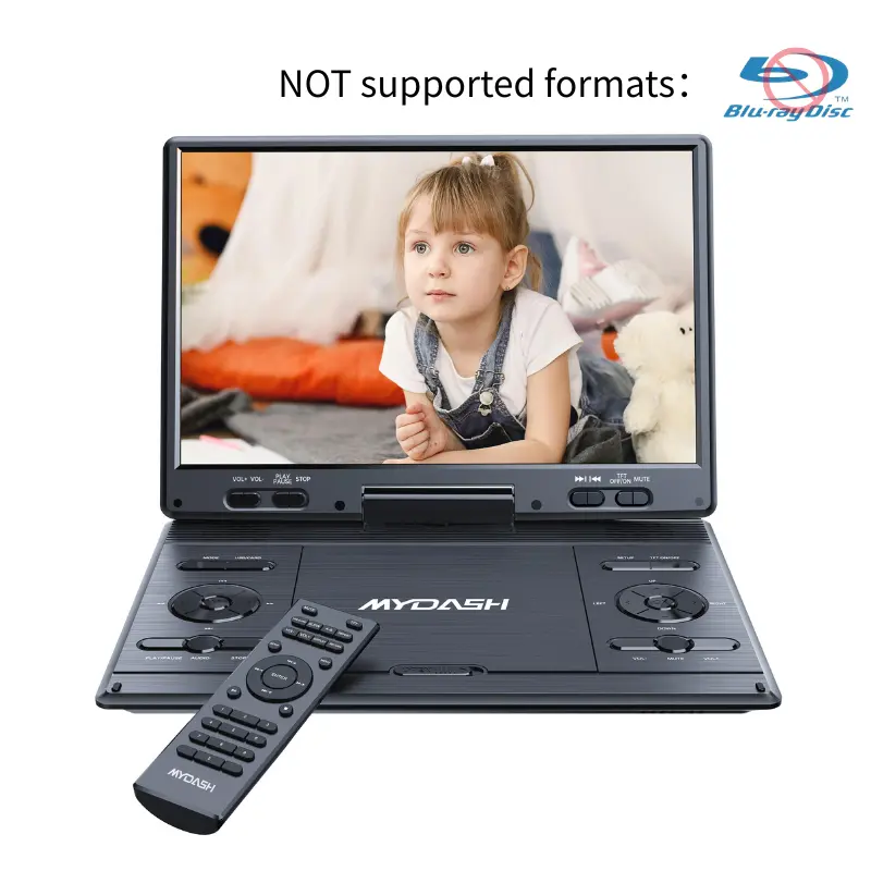 MYDASH 14.9" Portable DVD Player with 12.5" Large HD Screen, 6 Hours Rechargeable Battery, Support USB/SD Card/Sync TV and Multiple Disc Formats, Region Free, High Volume Speaker, Car Charger, Power Adaptor, Car Headrest Case