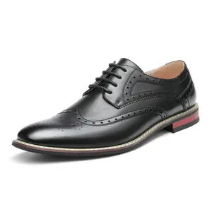 BRUNO MARC Men's Classic Soft Leather Lace-Up Wingtip Oxford Shoe with Wooden Accents - All Seasons Formal Footwear