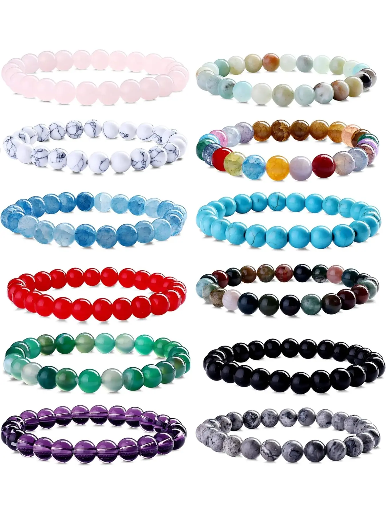12 Pcs 8mm Beaded Rose Quartz Bracelets for Women Men, Natural Stone Stackable Bracelet, Charm Beaded Healing Crystal, Crystal Bracelet Set, Bracelets Stacking, Stretch Bracelets Jewelry, Boho Stone Bracelet