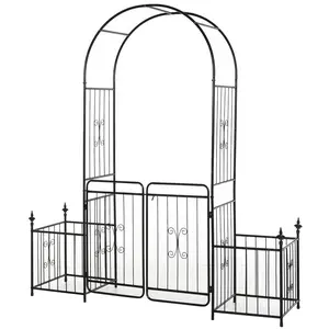 Outsunny 86" Metal Garden Arch Arbor with Gate, Planter Baskets & Flourishes-Arrow Tips, Garden Arches for Entrances, Climbing Vine Trellis, Black Wedding Ceremony Decoration