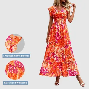 Flamingals Floral Print Smocked Ruffle Sleeve V Neck Maxi Dress Womenswear