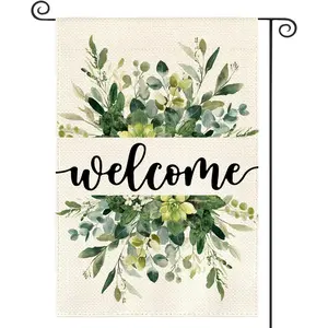Welcome Eucalyptus Succulent Garden Flag 12x18in, Double-Sided Watercolor Greenery Yard Decor, Farmhouse Botanical Outdoor Banner for Patio Porch Entryway