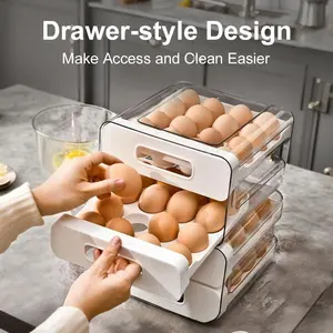 Egg Container Holders Dispenser for Refrigerator 32 Eggs, 2 Tier Clear Stackable Holder Tray with Drawer for Fridge, Storage Container with Handles for Refrigerator, Countertop