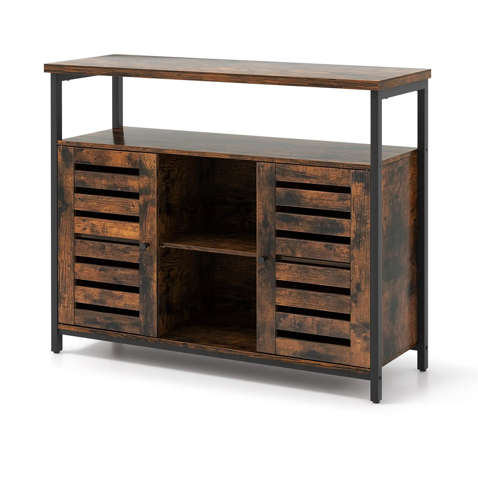 COSTWAY - Buffet Cabinet Industrial Sideboard Storage Cabinet with Push-to-Open Slatted Door and 3 Adjustable Shelves-Rustic Brown