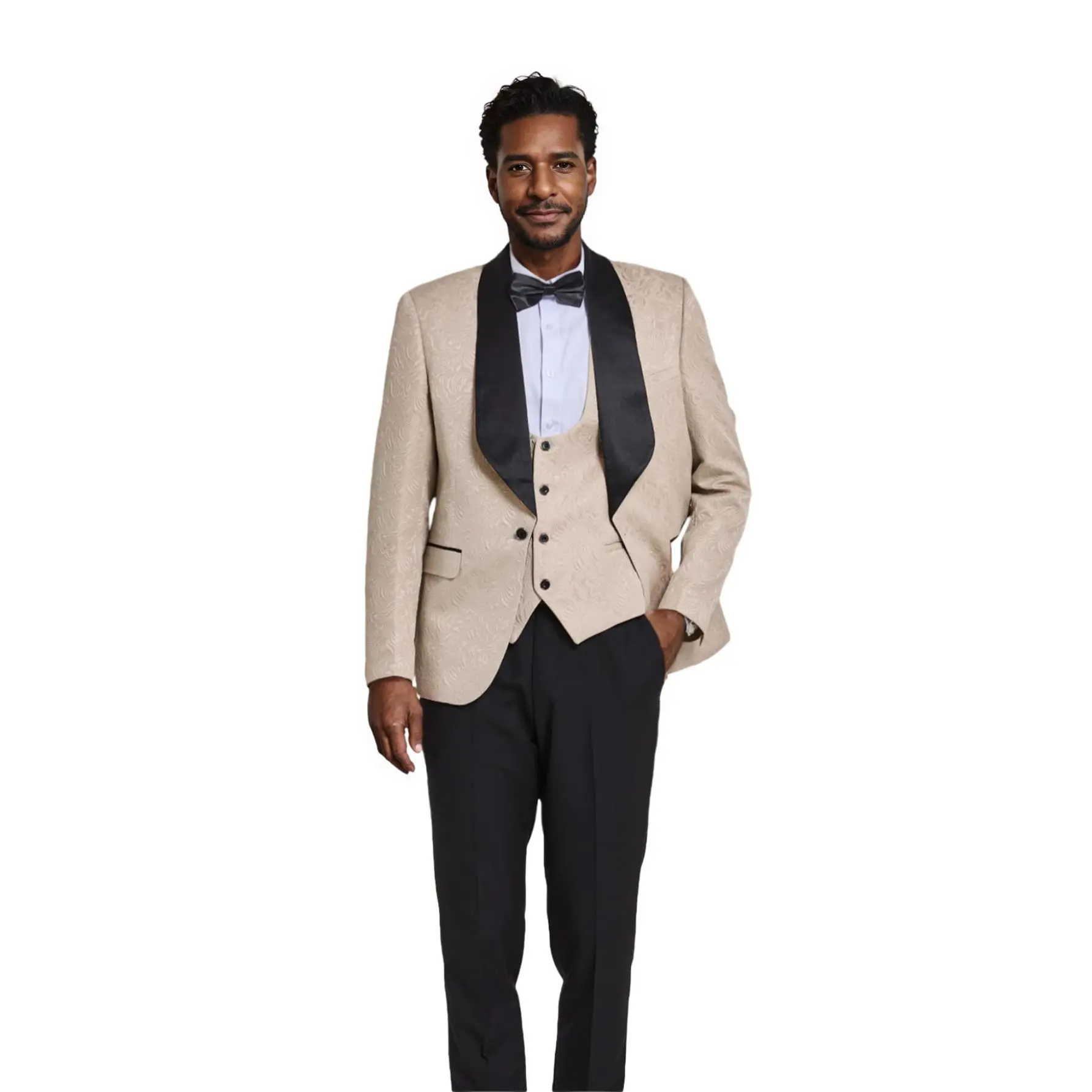Men's 3-Piece Jacquard Suit Set | Shawl Lapel Tuxedo Blazer + Vest + Pants | Floral Print | 5 Colors  (Black/White/Khaki/Blue/Pink) for Weddings    Prom