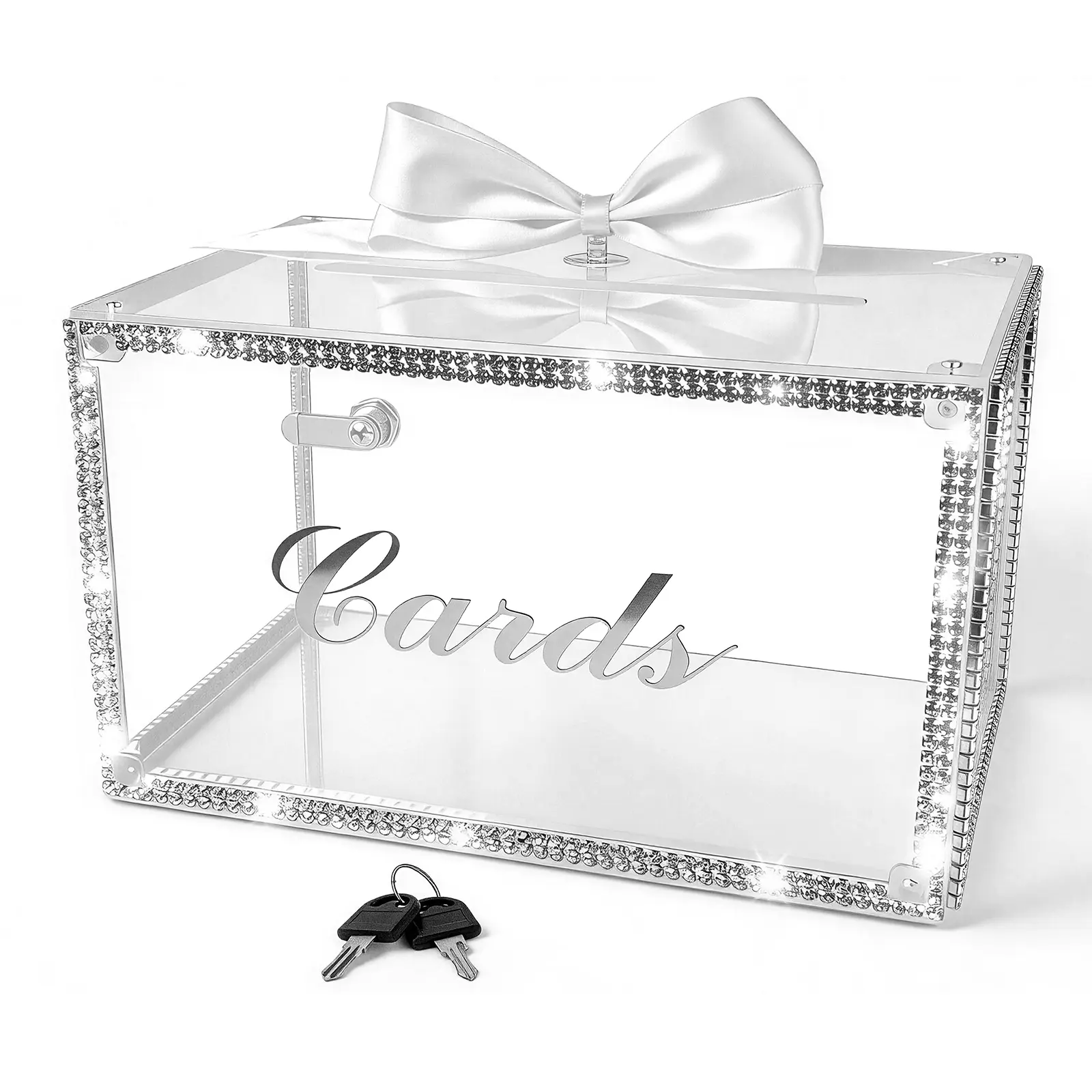 Acrylic Wedding Card Box with Lock and Slot, Envelop Box Gift Holder with Diamond, Clear Card Box for Wedding Reception, Baby Shower, Birthday, Graduation