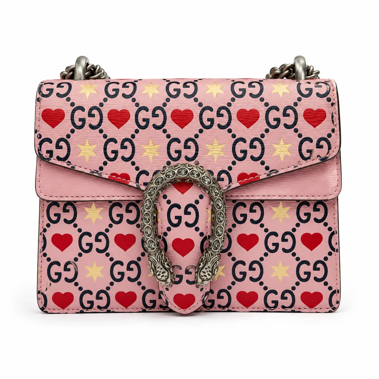Pre-owned GUCCI Dionysus pp2y2004036 Mini Shoulder Bag Pink Red Black GG Monogram Canvas Heart Print Leather Bag