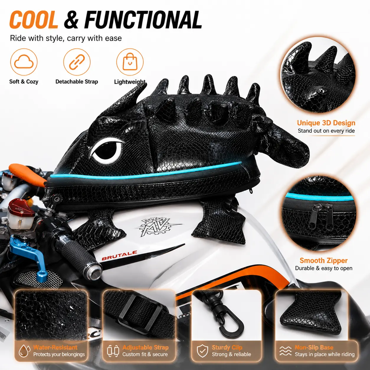 3-in-1 Shark Motorcycle Backpack, Waterproof Full Face Helmet Bag with Magnetic Tank Mount, Punk Rider Backpack for Sportbike, Touring & Daily Riding