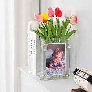 Customize Clear Photo Vase for Flowers Picture Frame Flower Vase with Photo Insert Acrylic Book-Shaped Vase for Home Office Desk and Living Room Decor