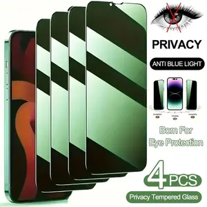 4pcs Full Cover Green Light Privacy Tempered Glass For IPhone 16 Pro Max/ 15/ 14/ 13 Pro/ Plus/ 12/ 11/ XS Max/ XR/ X, Privacy Protection Eye Protective Screen Protector, 9H Hardness Ultra HD/Anti-scratch/Anti-Fingerprint, Phone Screen Protectors