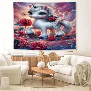 Dreamy Chibi Unicorn Digital Print Tapestry, Whimsical Wall Hanging Tapestry featuring Enchanting Cosmic Background and Oversized Roses, Perfect Bedroom Decor for Fantasy Lovers, Magical Home Wall Art for Cozy Spaces