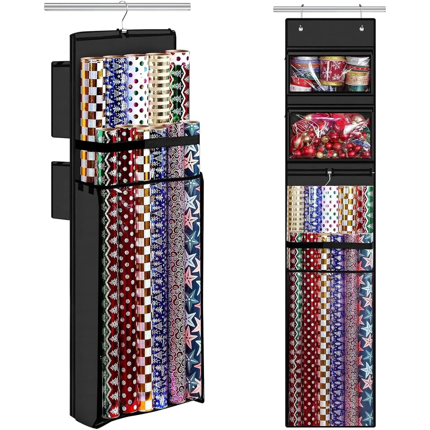 Wrapping Paper Organizer Storage, Double-Sided Hanging  Wrap Roll Holder for Christmas, 63"x13" Over Door Present Bag Container for Room Closet, Black Wrapper Station for Birthday
