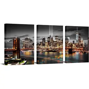 New York Brooklyn Bridge Canvas Wall Art Black and White City Pictures Teal Skyline Artwork Modern Night View Painting for Home Living Room Bedroom Office Decor 12x16 Inch (Brown, Small)