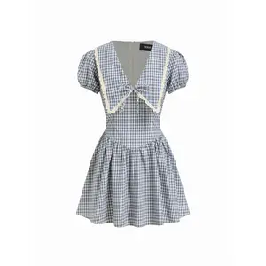 Cider Cotton Gingham Puff Sleeve Asymmetrical Babydoll Mini Dress Casual Wear Womenswear SwimWeek