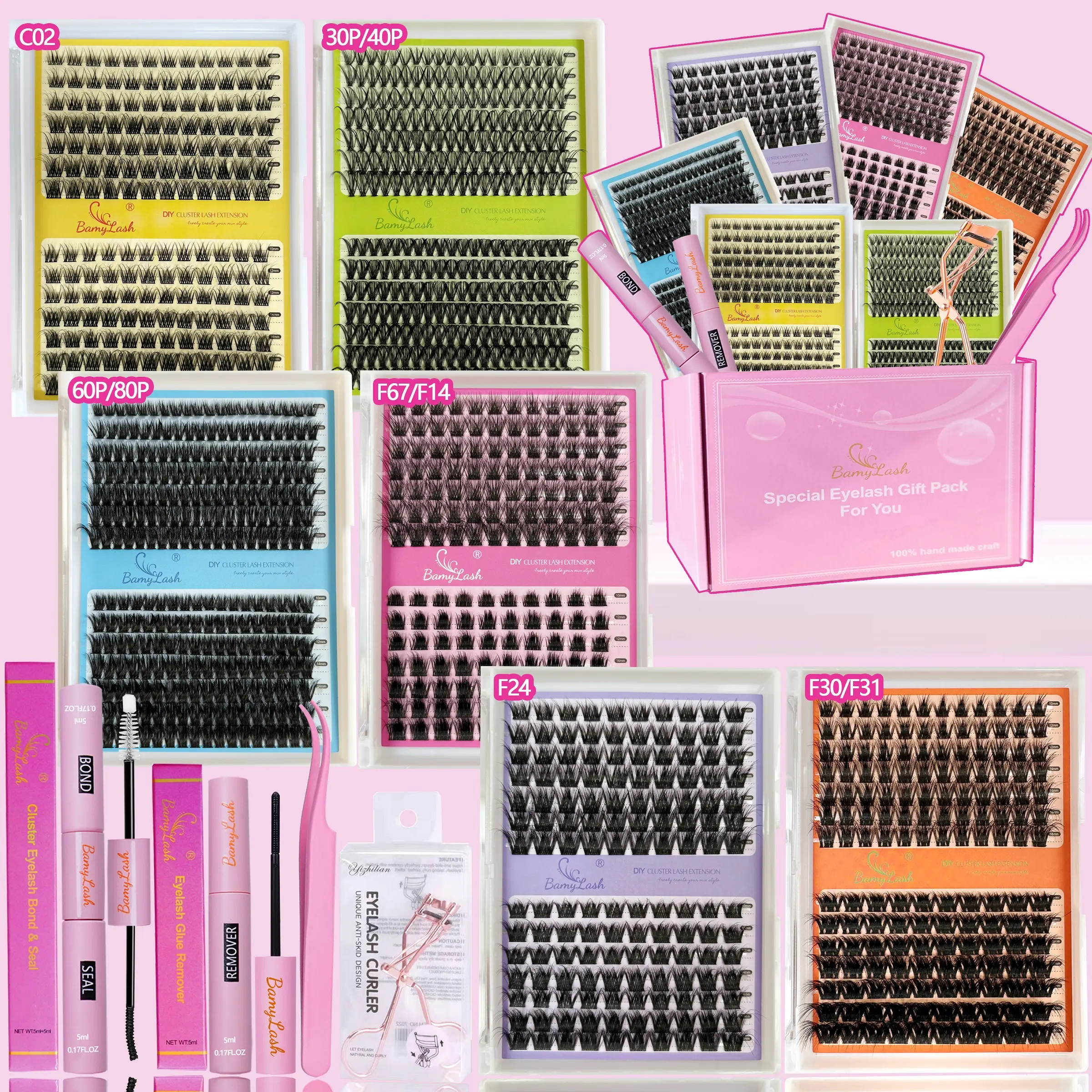 6 Boxes Cluster Eyelash Kit with Glue Remover Applicator and Curler, False Eyelash Set, False Eyelashes Clusters, Fake Eyelashes Clusters, Long-Lasting for Natural Daily Makeup Beginner-Friendly Lashes Cluster Lashes