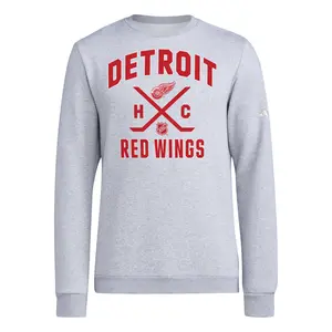 adidas Mens Ice Hockey Detroit Red Wings Fleece Crew Neck Sweatshirt Casual - Grey