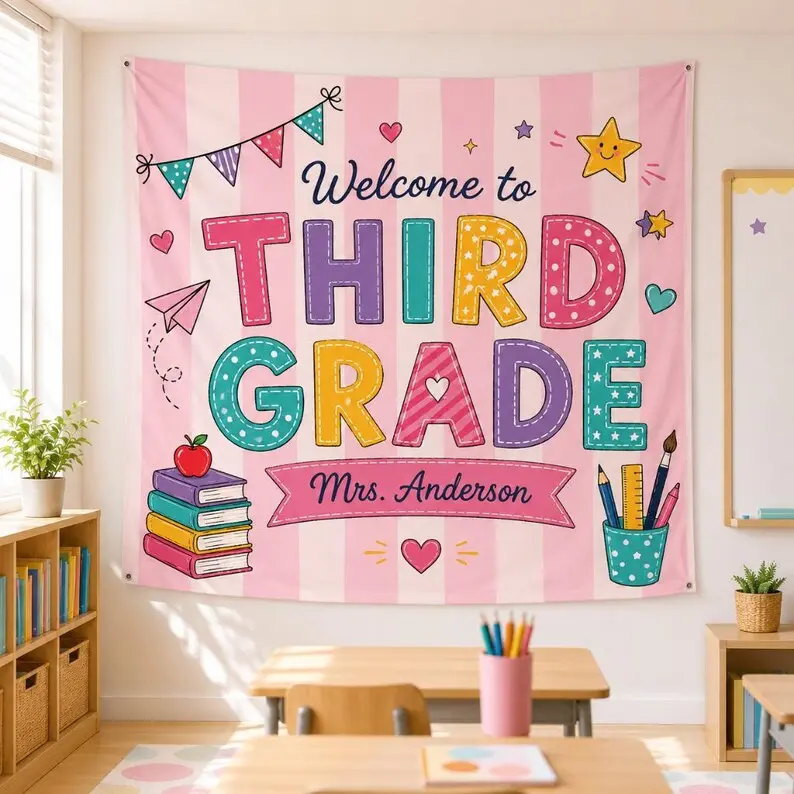 Custom Back to School Tapestry, Custom Third Grade Classroom Tapestry, Personalized Teacher Name Classroom Tapestry