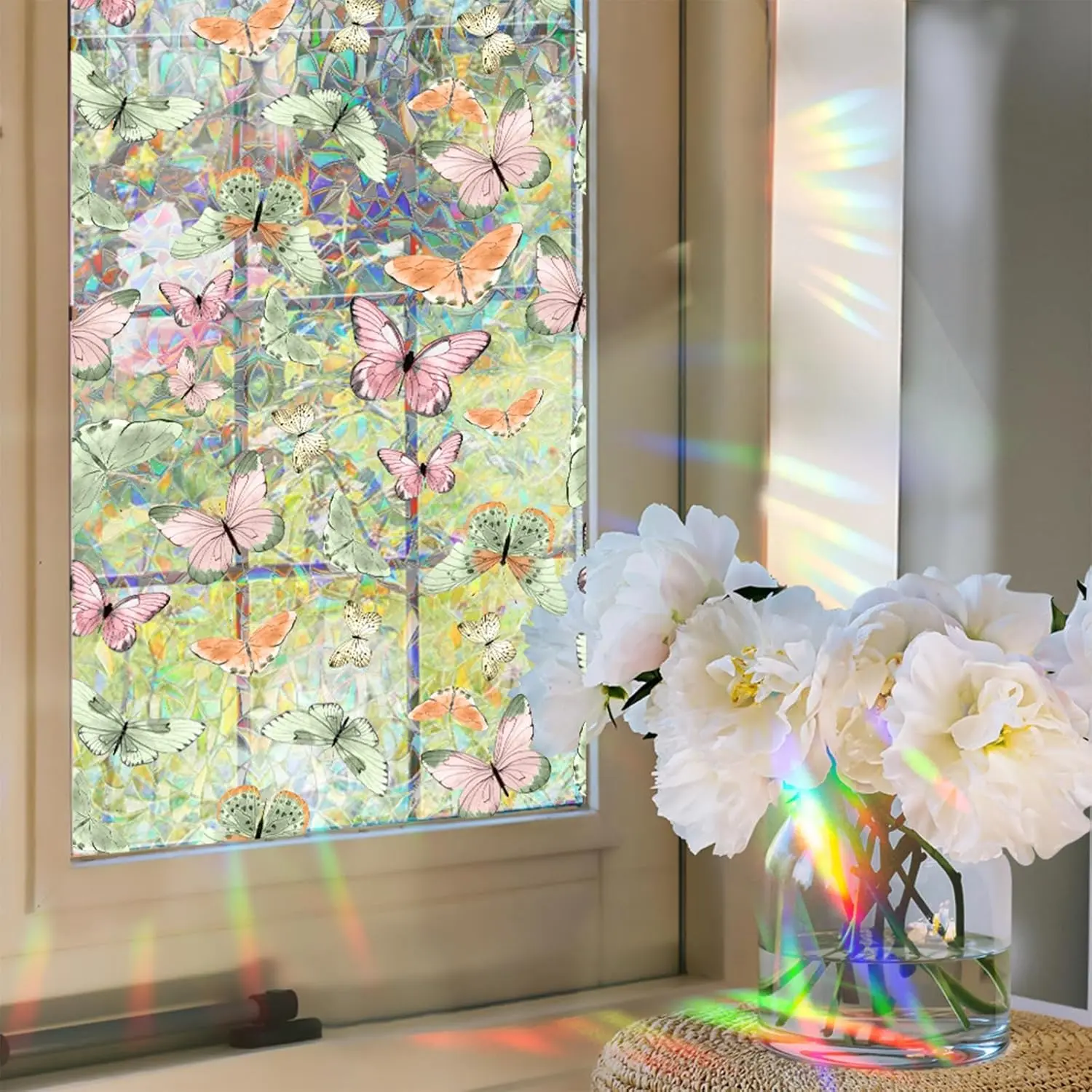 Window  Film,Butterflies Stained Glass Window Film,Rainbow Decorative Sun Blocking Static Cling Stickers for Room  Decor 17.7" x 43.3"