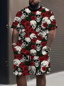 New summer men's clothing set featuring skull and rose patterns. It consists of a two-piece outdoor casual sportswear set including a top and pants, with drawstring clothing. There is also a large-sized crew-neck short-sleeved T-shirt and shorts set with