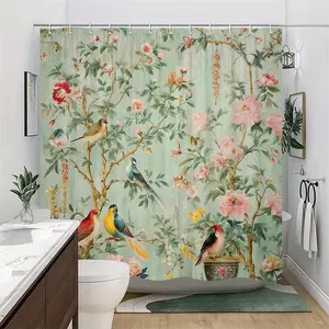 1pc Country Style Floral Bird Bath Curtain, Fresh Natural Bathroom Decor, Romantic Shower Curtain, Cozy Bath Divider Curtains