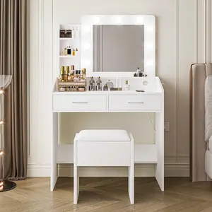 Garvee Modern Vanity Desk with LED Mirror 9 Dimmable Bulbs Adjustable Lighting Power Outlet USB Ports Multiple Drawers Cushioned Stool Hairdryer Holder White Finish