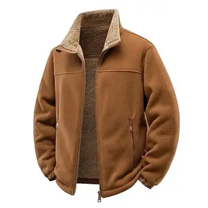 Men’s outdoor sherpa jacket with fleece lining, stand collar, durable full-zip design—suitable for hiking and casual wear; menswear coat in beige or brown, long sleeves, plain.