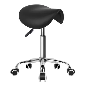 KKTONER Rolling Saddle Stool PU Leather Swivel Adjustable Rolling Stool with Wheels Salon Chair Black