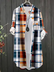 Plus Size Women's Plaid Geometric Roll Sleeve Long Sleeve Single Button Casual Loose Shirt Blouses, Casual Clothing, Fall Fashion, Comfortable and Stylish, Perfect for Daily Wear