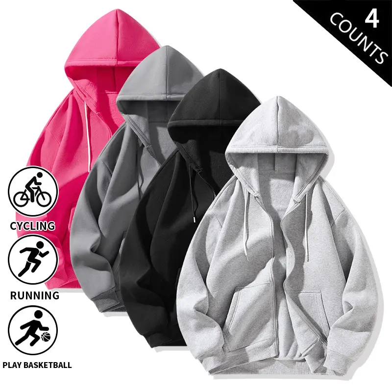 4-Pack Men’s Zip-Up Hoodies, Loose Fit, Full Zip Hooded Sweatshirts, Casual Solid Color, Long Sleeve Jackets with Pockets, Athletic Tops