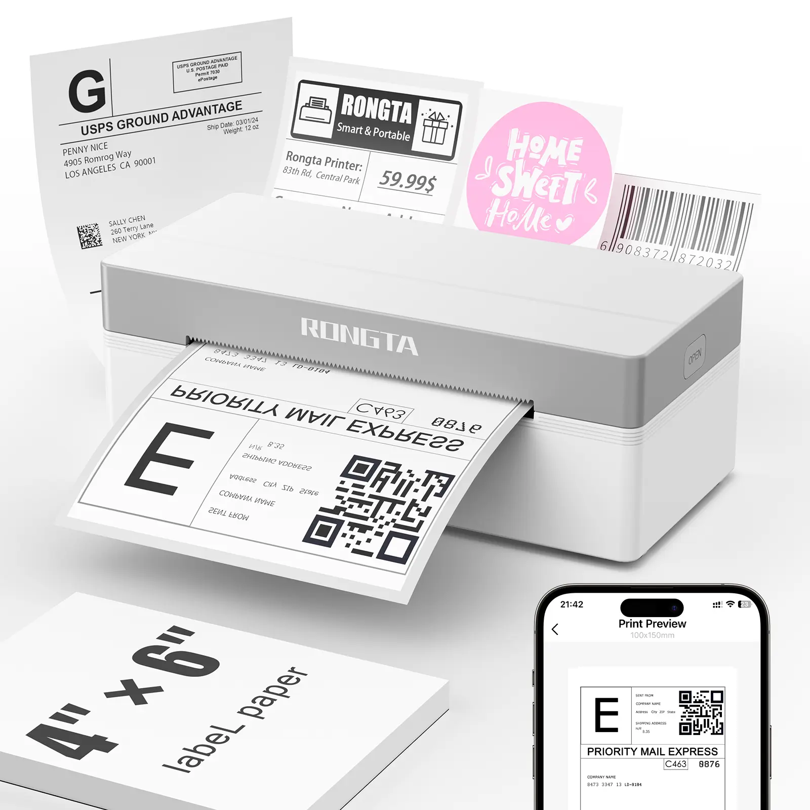 RONGTA Portable Handheld Bluetooth Wireless Thermal Shipping Label Printer - Compatible with iOS, Android, Windows, Mac, Chromebook, Etsy, eBay, Shopify, USPS - Efficient White Thermal Label Maker (summerwins), Portable Handheld Printer