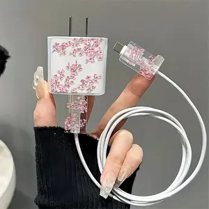 Cherry Blossom Pattern Charger & Cable Protector, Transparent Charger & Cable Protective Case, Phone Accessories Compatible with iPhone 18W/20W Charger