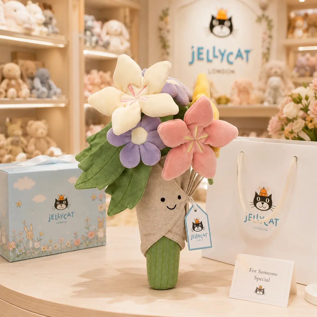 Jellycat Amuseables Flower Bouquet Plush, Authentic Soft Floral Stuffed Toy with Gift Bag, Cute Birthday Valentine Mother’s Day Gift for Girls Women
