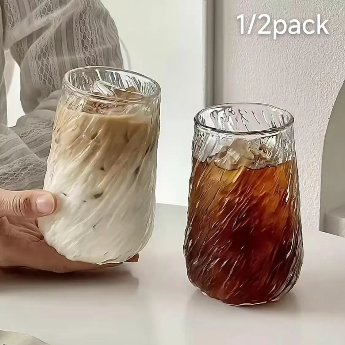 Spiral Textured Glass Cups, Glass Beverage Cups, with Vintage Swirl Design, Food Grade BPA Free Lead & Cadmium Free Heat Resistant Shatterproof Drinking Glasses, Dishwasher Safe Glass Cold Cup for Iced Coffee Home Bar Daily Use