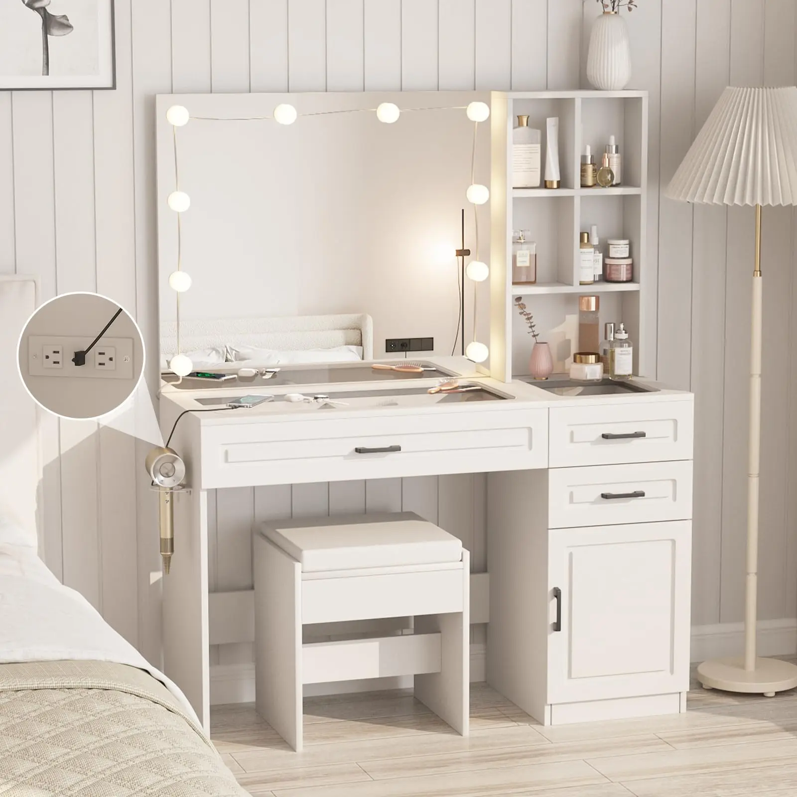 [Summergarden] Vabches Large Makeup Vanity Desk, Makeup Dresser with Glass Top Surface and Ample Storage Space