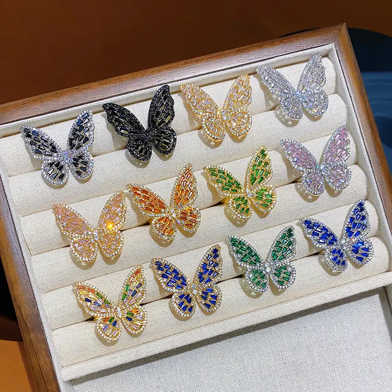 New European and American Style Copper Inlaid Cubic Zirconia Personalized Colorful Butterfly Ring Adjustable Size Ins Cute Butterfly Open Ring