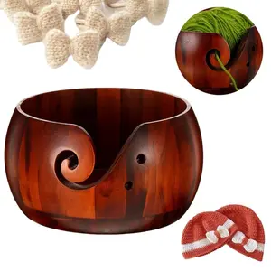 Wooden Yarn Bowl Knitting Storage Holder with Hole Hook Rack, Handmade Yarn Organizer for DIY Crochet & Knitting, Creative Home Crafting Tool
