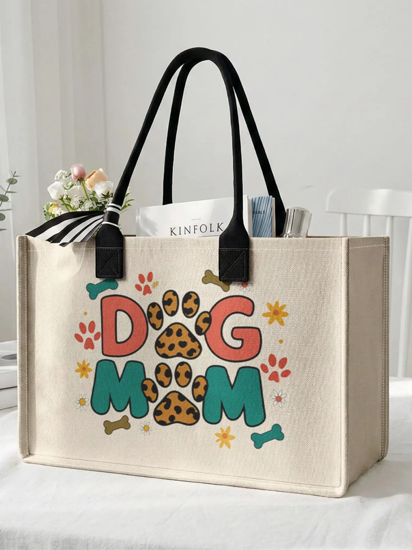 1 piece of dog paw element 'DOG MOM' 2D printed large capacity storage bag, extra large storage bag, sturdy handle, space-saving multi-purpose, suitable for use at school, on business trips, and shopping, Tote Bag, Printed Tote Bags