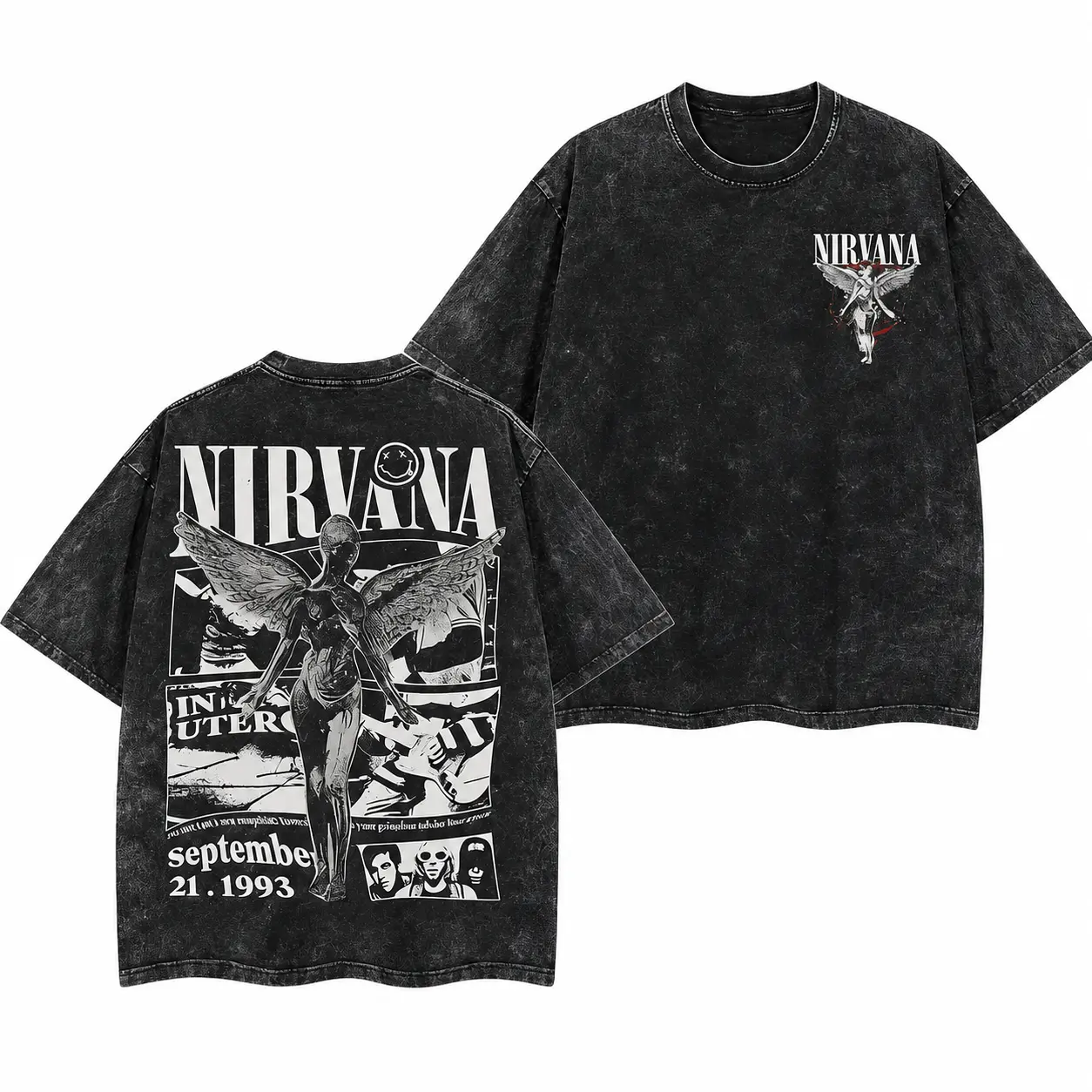 Retro Limited Nirvana Band Tour Black 2-Sided Vintage Tee Graphic Unisex Oversize Rock Band Washed Heavyweight Cotton T-shirt Gift For Rock Music Lovers Vintage Band Shirts Casual Fabric Fit Top Womenswear Streetwear Crewneck Original