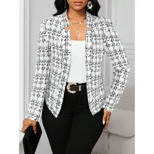 Elegant Plaid Print Open Front Blazer Jacket for Women - Long Sleeve Knitted Fabric Loose Fit Chic Suits for Office Wear