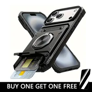 [Buy One Get One Free SP]4-In-1 Card Holder Case,with Magnetic Attachment and Adjustable Stand, for iPhone17 Pro Max 16 Plus 15 14 13 Shockproof Phone Cover,Composite PCMaterial and Durable Shockproof Rubber Soft TPU, Mounting Ring, Free Screen Protector