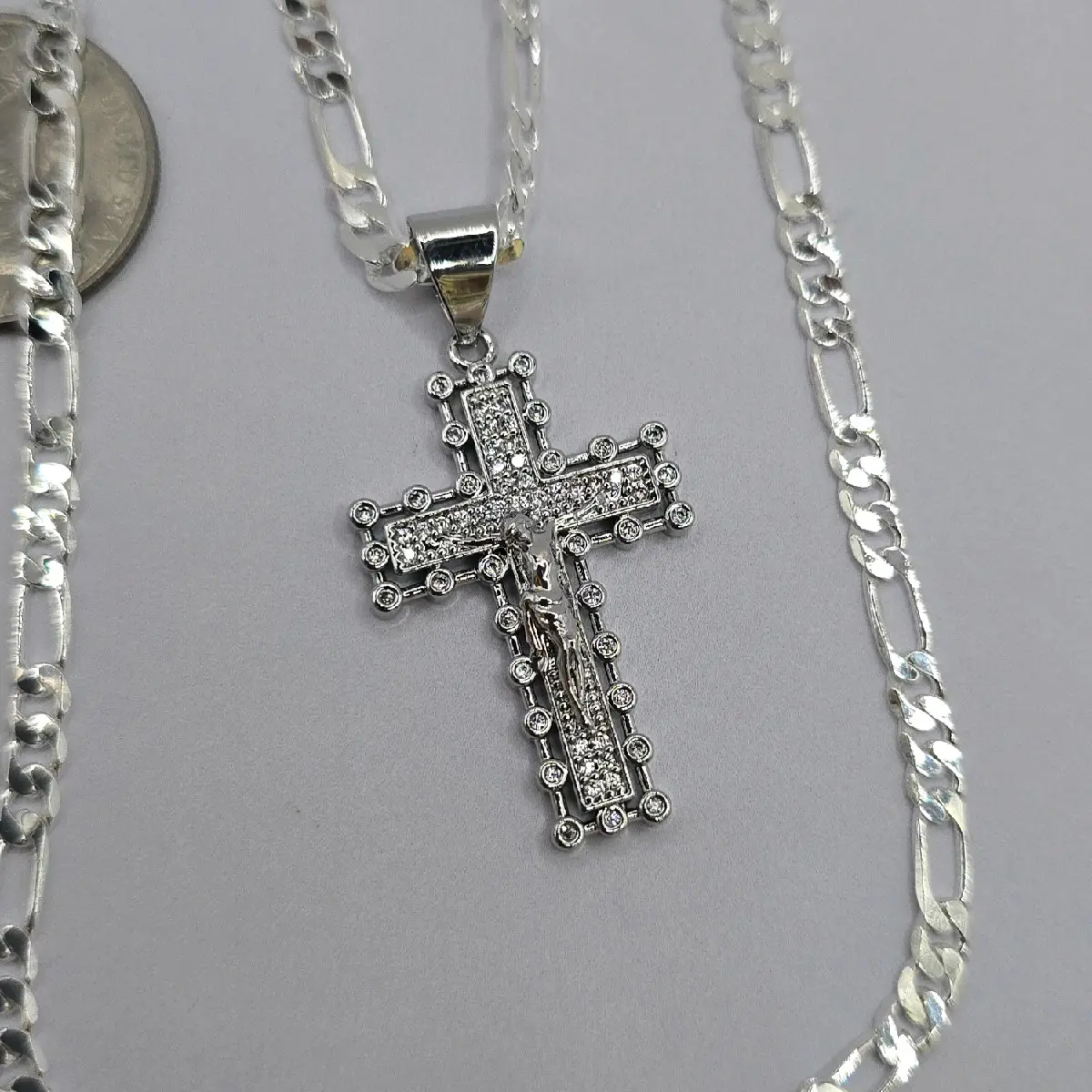 CHRIST ON THE CROSS Figaro chain style gold-plated 24"inches colorbsilver clear stones GOLD-PLATED