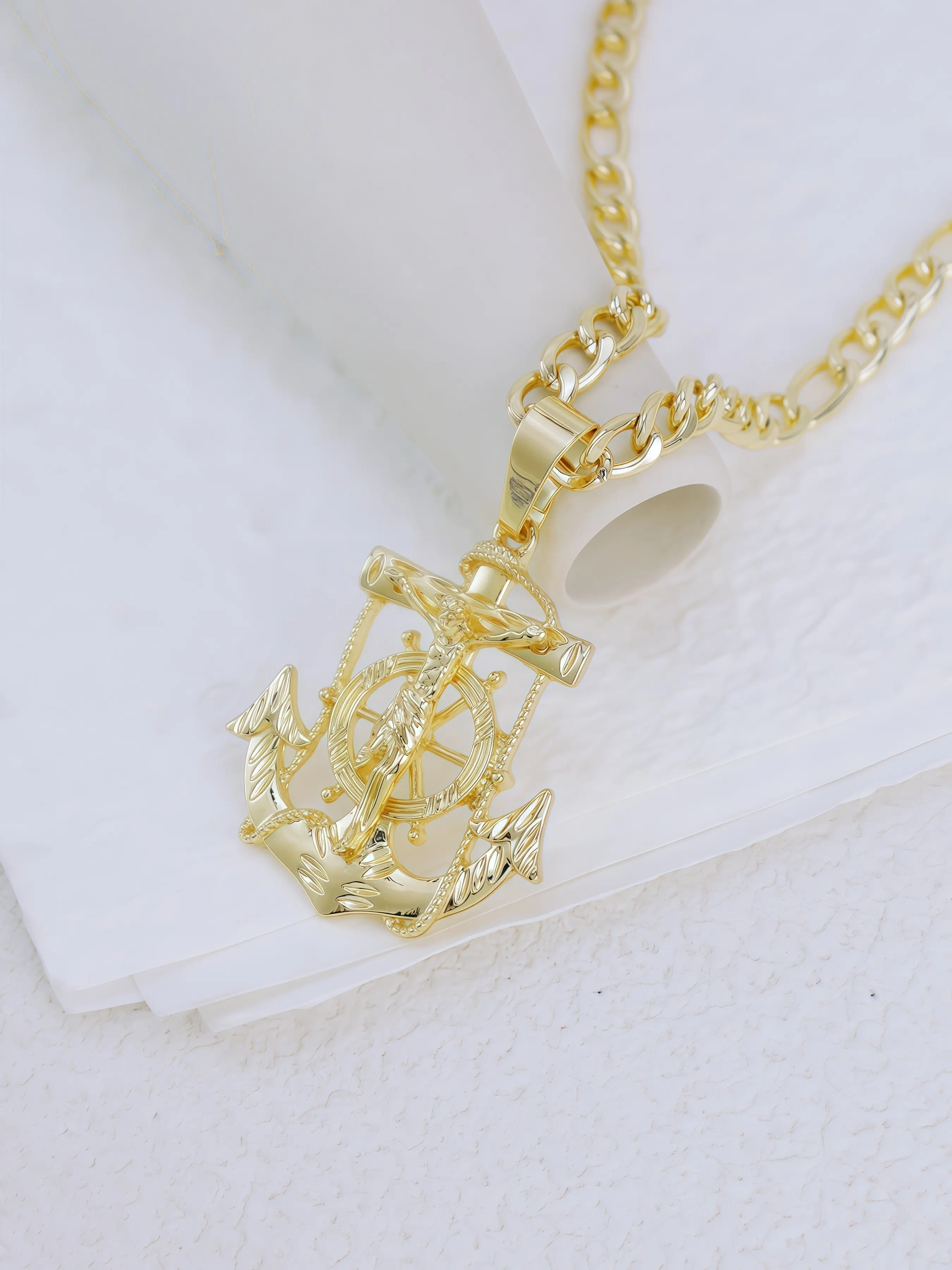Three Sizes Ship Anchor Jesus Unique Pendant Necklace with 24 Inch Figaro Chain, Fashion Religious Accessory, Perfect Gift Choice, Statement Religious Necklace, Religious Jewelry