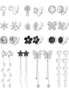13 Pairs Clip On Earrings for Women and Girls Gold/Silver Non Pierced Drop Earrings CZ Simulated Pearl Butterfly Flower Star Twist Knot Hypoallergenic Clip Earrings Set Casual Earring Clip
