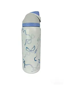 Owala 32oz Inspired Insulated Stainless Steel Water Bottle, Leak-Proof BPA-Free, Cute Coquette Blue Ribbon Print Reusable Flask for School &  Drinkware Portable Bottled Tumbler  spill mini filtered  coffee  travel witchy mug father day beer Carabiner Mug