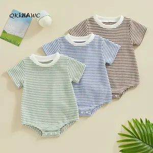 Boys and Girls Summer Romper Round Neck Short Sleeve Striped Waffle Jumpsuit Infant Toddler Clothes