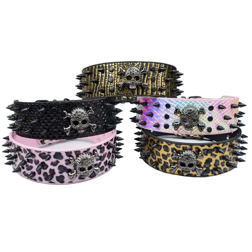 Animal Print Skull Spike Dog Collar - Edgy Spiked Choker with Snake Accents, Bold Look for Medium-Large Dogs (Pit Bull), Stands Out for Any Occasion