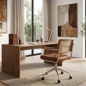 Baliaafurniture Rattan Desk Chair, Best for Summer,Mid Century Modern Swivel Accent Chair No Wheels, Faux Leather Office Chair with Wood Legs, Armchair with Rattan Back for Home Office Living Room Bedroom（green，brown）