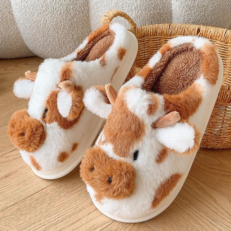 Slippers Warm Cow Print Cotton Slippers Men Women Thick Sole Anti Slip Indoor Home Shoes Flipflop Footwear Girl