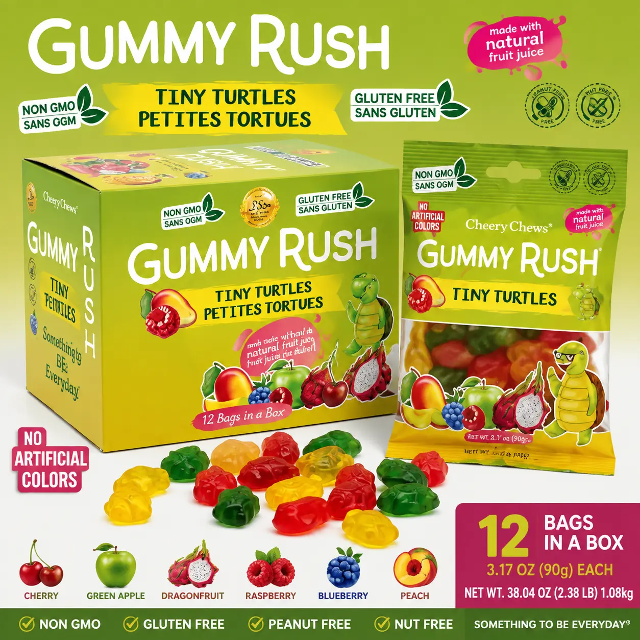 INFIN8 Gummy Rush Tiny Turtles Gummy Candy 3.17 oz 12 Count Fruity Chewy Gummy Snacks