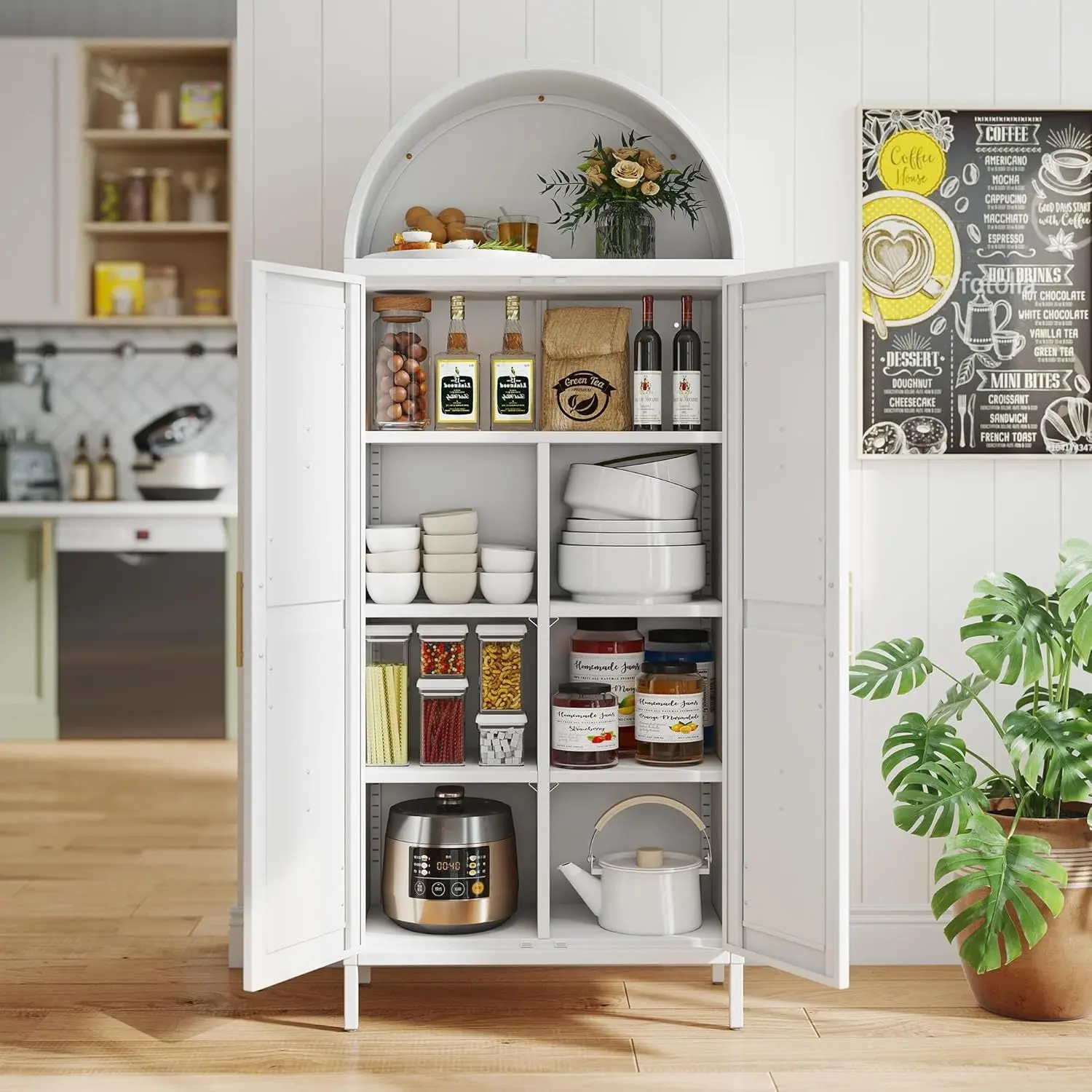 Modern White Tall Sturdy Freestanding Steel Frame Kitchen Pantry Cabinet - Arched Storage Cupboard with 2 Doors, Adjustable Shelves, Assembly-Required Unit for Craft Room, Home Office, Arch